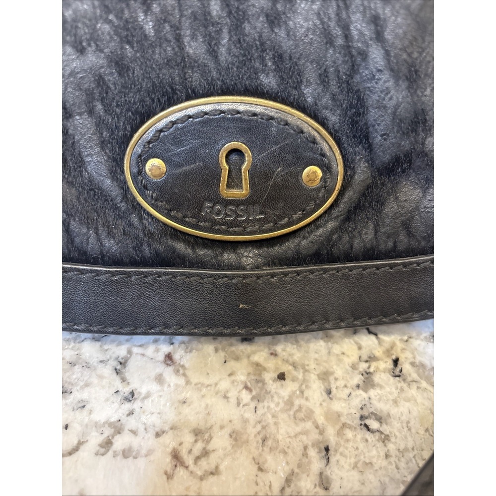 BTG FOSSIL REISSUE Black Leather Flap Calf Hair Crossbody Purse Saddle Bag READ - Picture 2 of 16